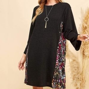 New Black Floral Contrast Print Dress